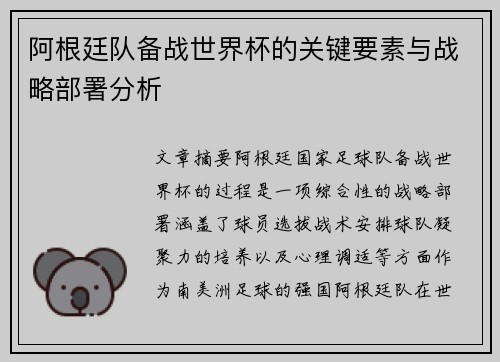 阿根廷队备战世界杯的关键要素与战略部署分析