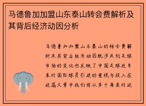 马德鲁加加盟山东泰山转会费解析及其背后经济动因分析