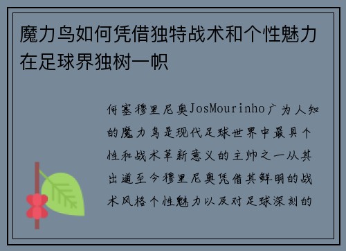 魔力鸟如何凭借独特战术和个性魅力在足球界独树一帜