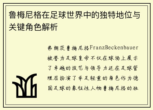 鲁梅尼格在足球世界中的独特地位与关键角色解析
